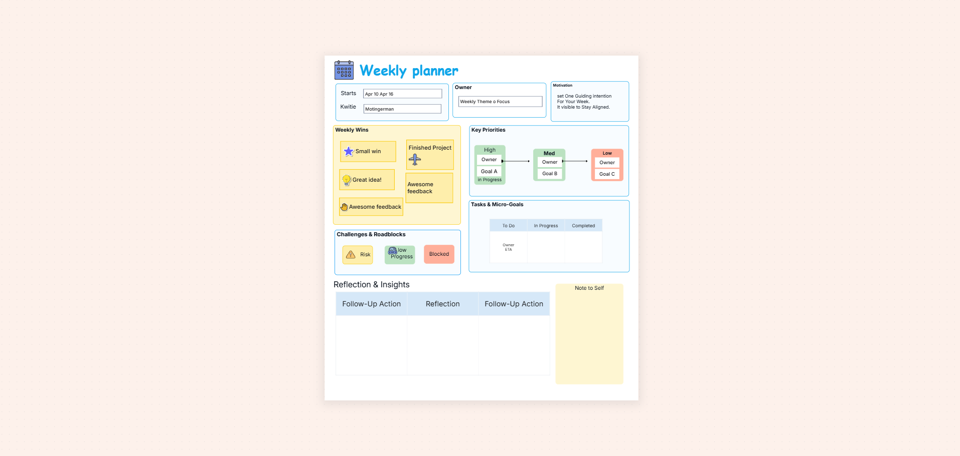 Weekly planner template on the Cloudairy canvas